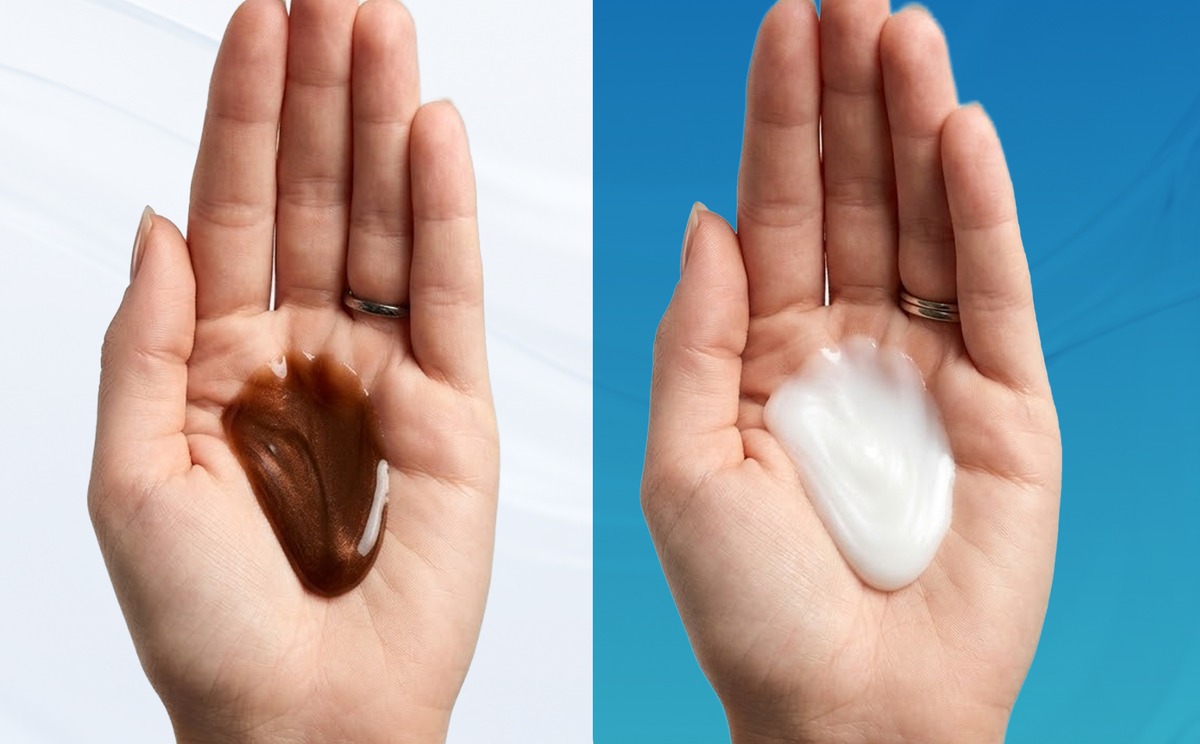 Two hands holding different shampoo textures